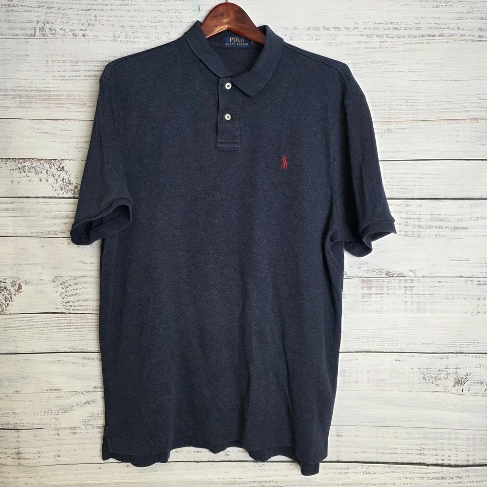 Polo Ralph Lauren Mens XL Polo Heather Navy Blue Cotton‎ Short Sleeve Red Pony